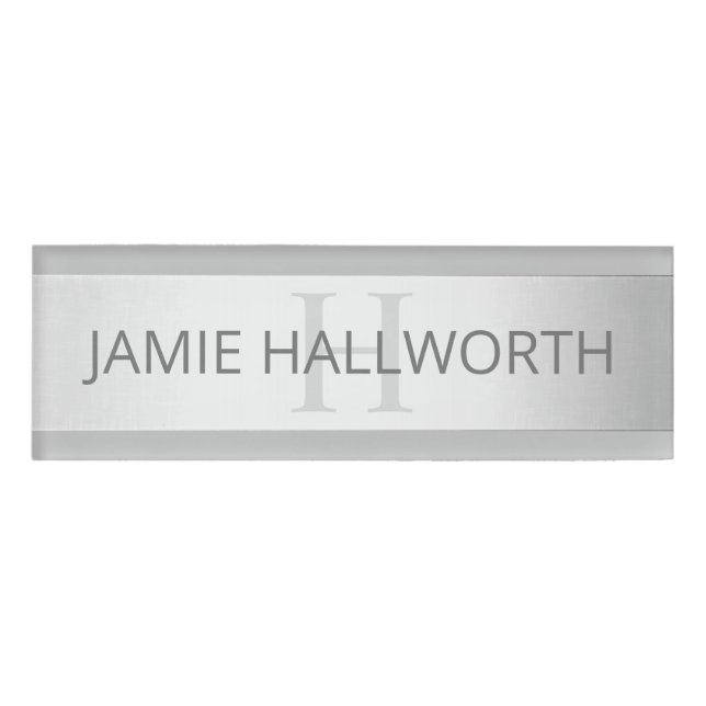 Contemporary Faux Silver Ombre Stripes & Grey Name Tag (Front)