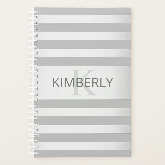 Contemporary Faux Silver Ombre Stripes & Grey Planner (Front)
