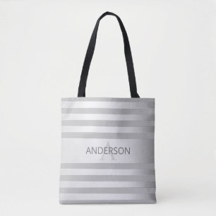 Contemporary Faux Silver Ombre Stripes & Grey Tote Bag