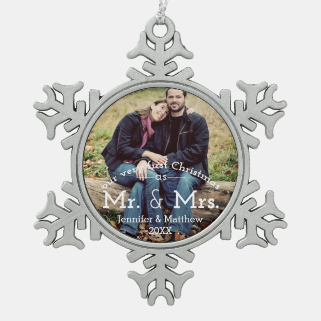 Contemporary First Christmas Mr. & Mrs. Photo Snowflake Pewter Christmas Ornament (Front)
