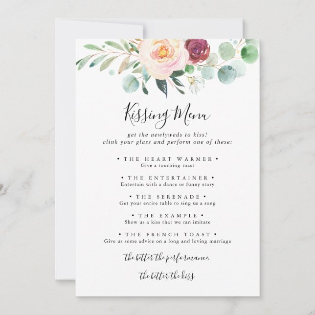 Contemporary Floral Wedding Kissing Menu Game Card (Front)