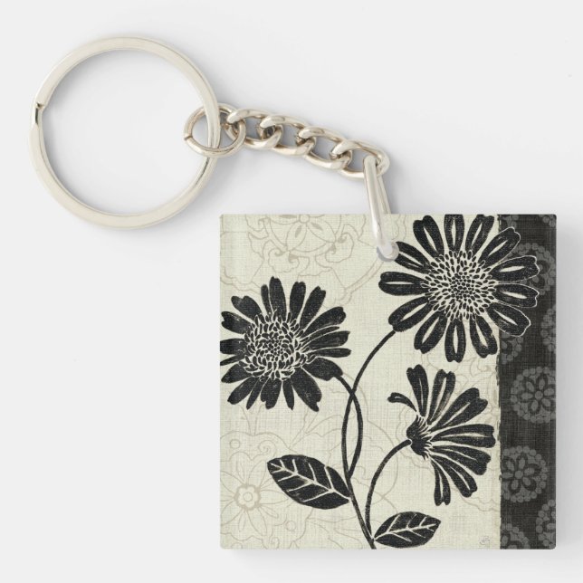 Contemporary Florals in Black and White Key Ring (Front)