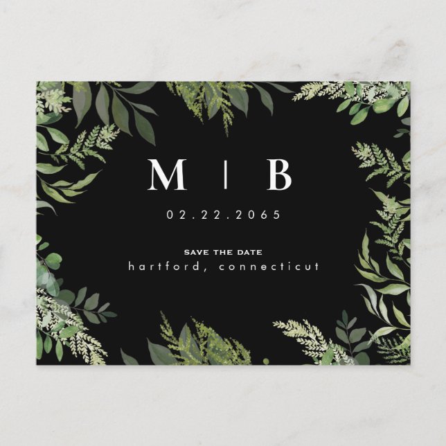 Contemporary Foliage Monogram Black Save the Date Announcement Postcard (Front)