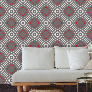 Contemporary Geometric Grey Red White Wallpaper