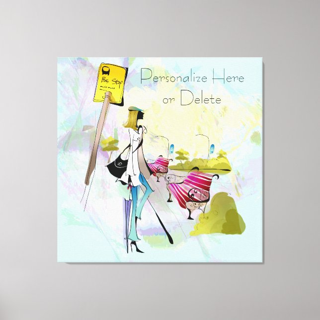 Contemporary Girl Bus Stop Stretched Canvas Print (Front)