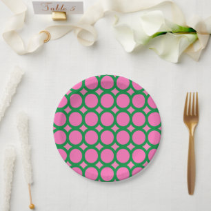 Contemporary Green & Pink Geometric Circle Shape Paper Plate