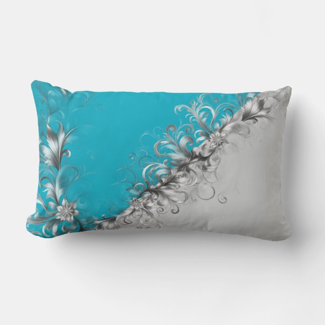 Contemporary Grey and Turquoise Decorative Lumbar Cushion (Front)
