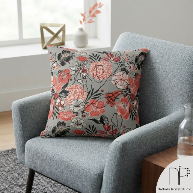 Contemporary Grey Floral Pattern Cushion (This Contemporary Gray Floral Pattern Throw Pillow features hand-drawn tropical floral art.)