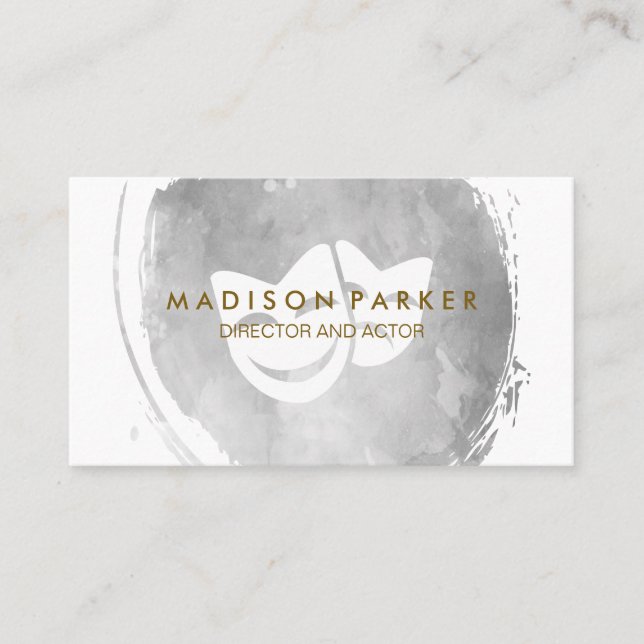 Contemporary Grey Watercolor Brushed Acting Masks Business Card (Front)