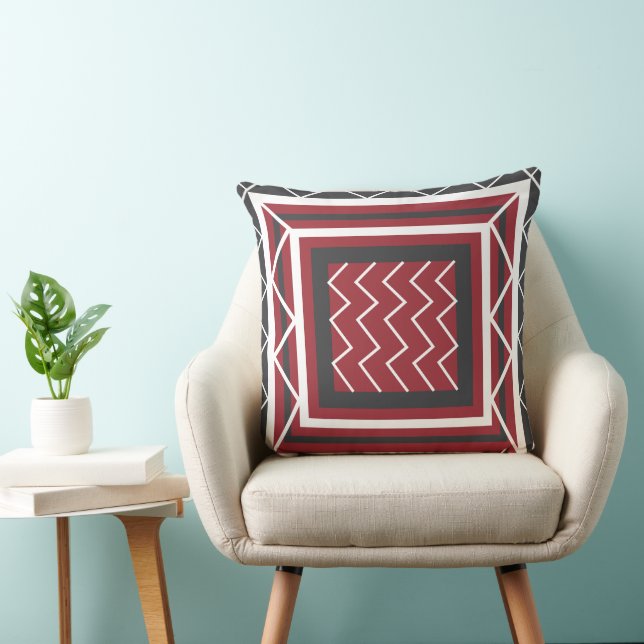 Contemporary Grey White Red Square Chevron Stripe  Cushion (Chair)