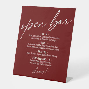 Contemporary Handwriting Burgundy Open Bar Menu Pedestal Sign