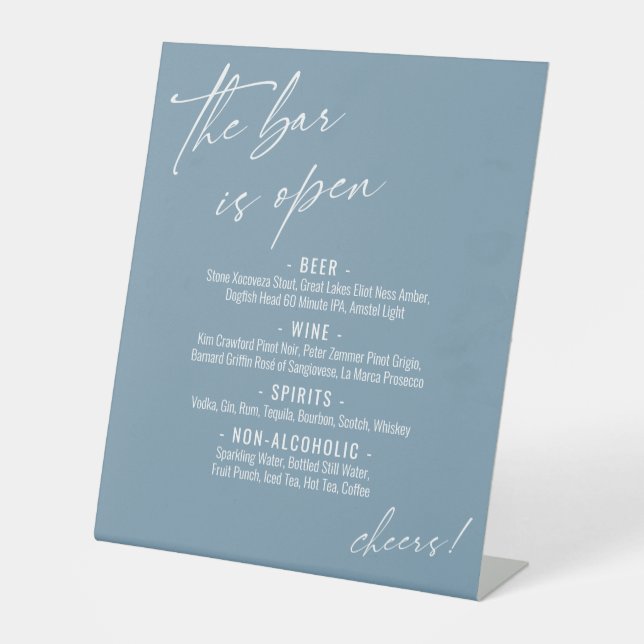 Contemporary Handwriting Dusty Blue Open Bar Menu Pedestal Sign (Front)