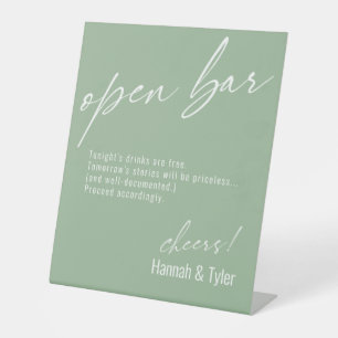 Contemporary Handwriting Funny Open Bar Sage Green Pedestal Sign