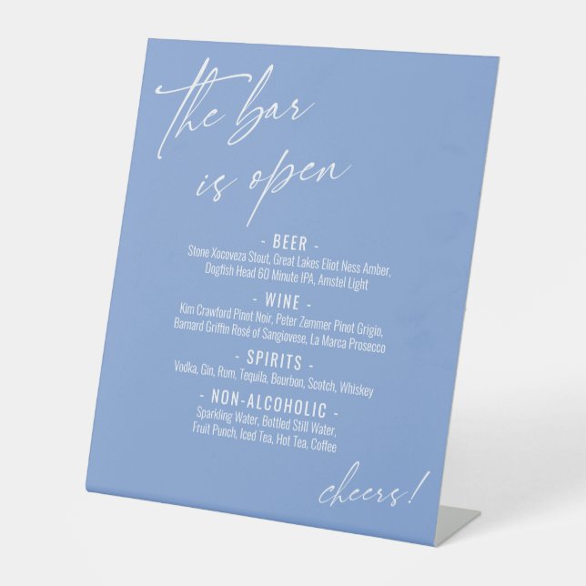 Contemporary Handwriting Periwinkle Open Bar Menu Pedestal Sign (Front)