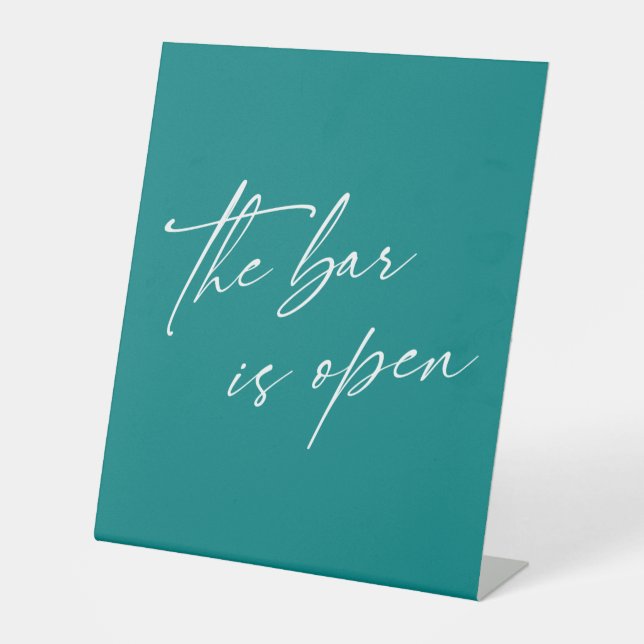 Contemporary Handwriting The Bar is Open Teal Pedestal Sign (Front)