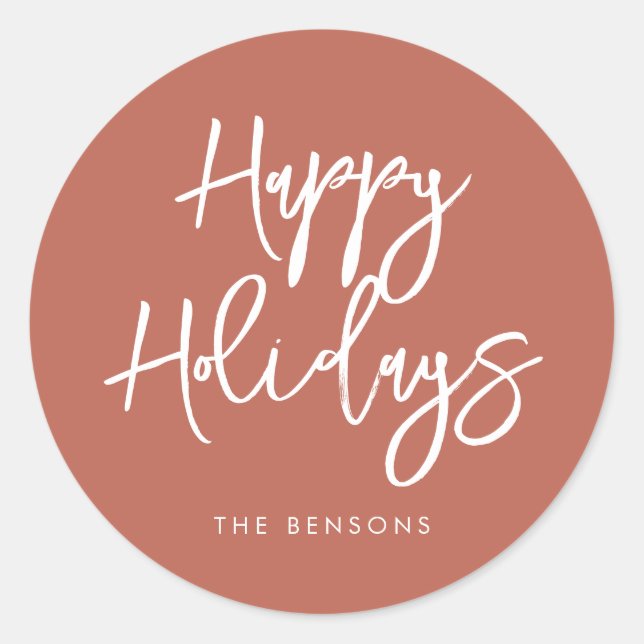 Contemporary Happy Holidays Terracotta Classic Round Sticker (Front)