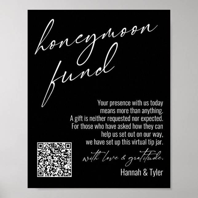Contemporary Honeymoon Fund QR Code Black Sign (Front)