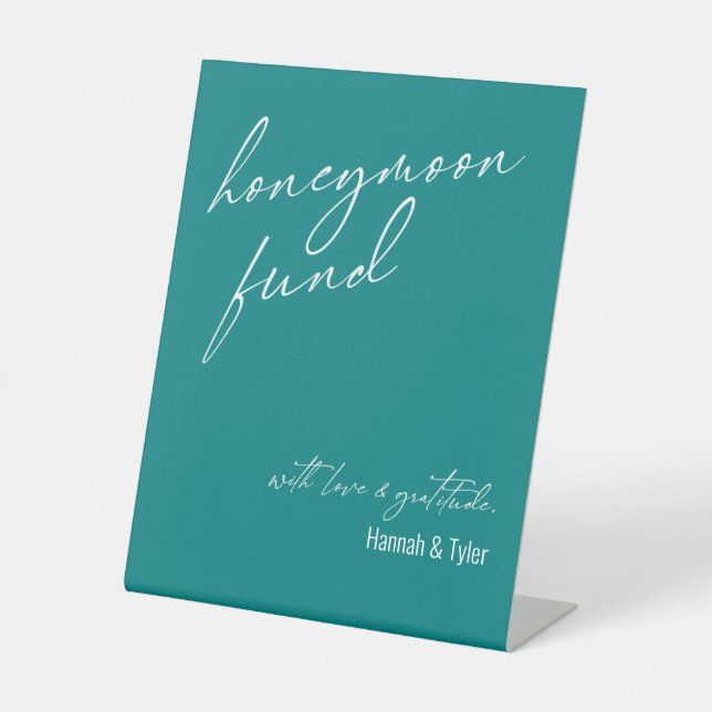 Contemporary Honeymoon Fund QR Code Teal Pedestal Sign (Front)