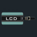 Contemporary initial monogram travel luggage tags<br><div class="desc">Personalised masculine 3 letter monogram travel luggage tag. Classic black and aqua green stripe pattern design with white monogrammed name intitial letters. ie LCD. Elegant gift idea for men. Manly colour combination. Horizontal stripes in custom colour. Modern contemporary label for classy bags and suitcaces.</div>
