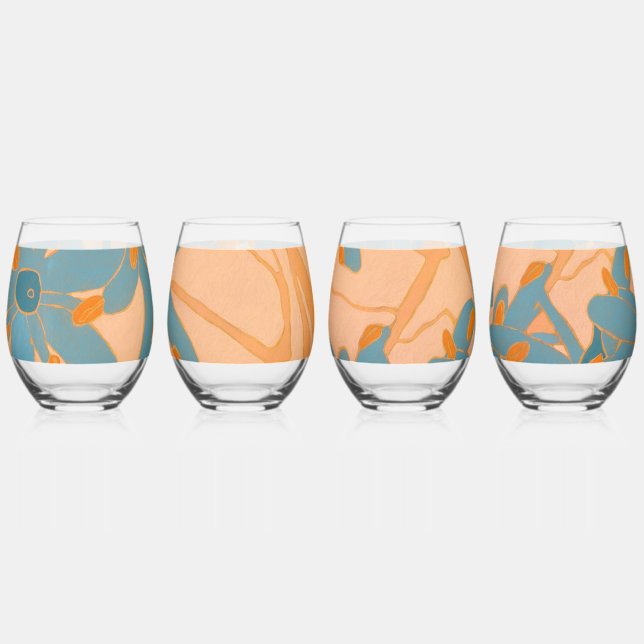 Contemporary Leaf Design in Peach  Stemless Wine Glass (Front)