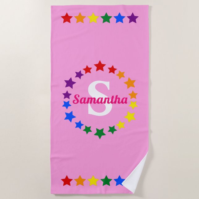 Contemporary LGBT Gay Pride Stars Monogram & Name  Beach Towel (Front)