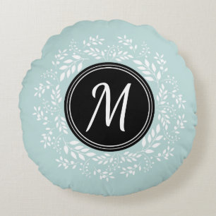 Contemporary Light Blue Floral Wreath Monogram Round Cushion