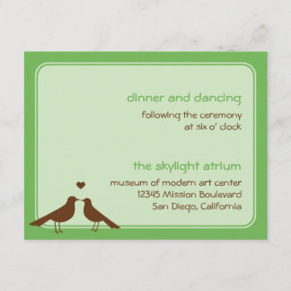 Contemporary love birds green wedding reception enclosure card