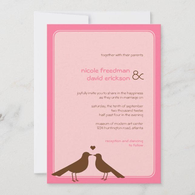 Contemporary love birds pink wedding invitation (Front)