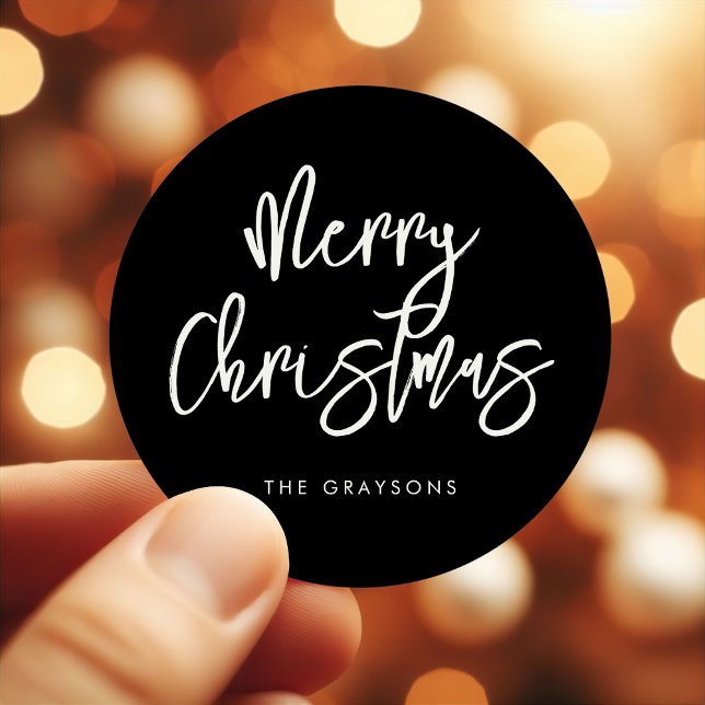 Contemporary Merry Christmas Black Classic Round Sticker (Creator Uploaded)
