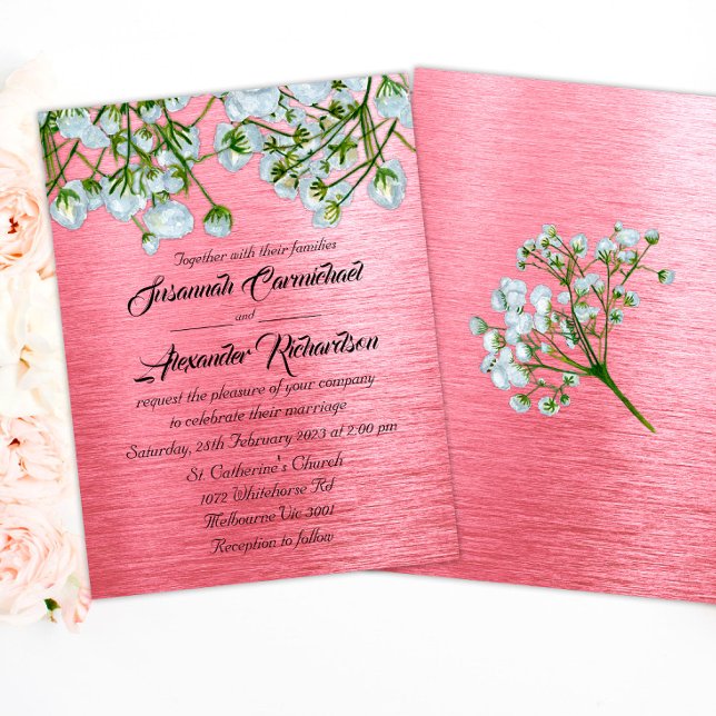 Contemporary Metallic Pink and White Roses Wedding Invitation (Creator Uploaded)