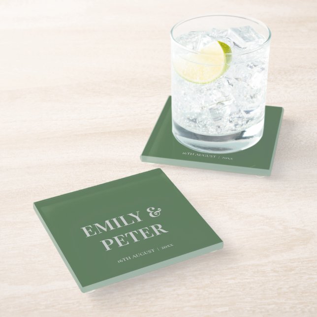 Contemporary Minimalist Modern Sage Green Wedding  Glass Coaster (Angled)