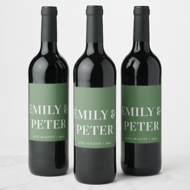 Contemporary Minimalist Modern Sage Green Wedding Wine Label (Bottles)