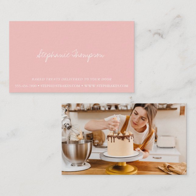 Contemporary Minimalist Script Photo Blush Pink Business Card (Front/Back)