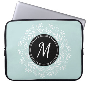 Contemporary Mint Floral Wreath Custom Monogram Laptop Sleeve