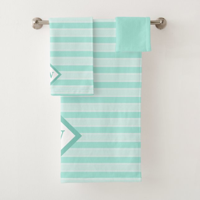 Contemporary Mint Green Stripes Monogrammed Bath Towel Set (Insitu)