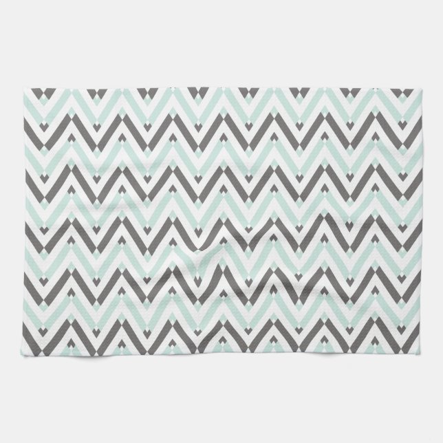 Contemporary Mint Grey White Chevron Striped Tea Towel (Horizontal)