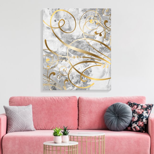 Contemporary Mixed Media Gold Swirls Flourishes Canvas Print (Insitu(LivingRoom))