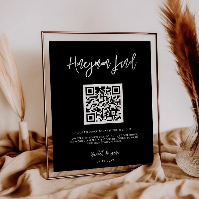 Contemporary modern black Honeymoon fund QR code Poster (Creator Uploaded)
