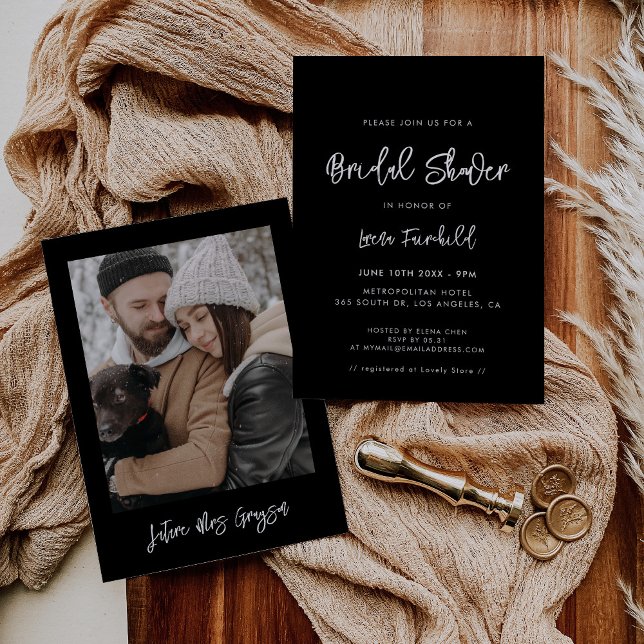 Contemporary modern black photo bridal shower invitation (Creator Uploaded)