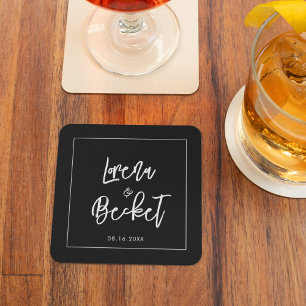 Contemporary modern black wedding square paper coaster