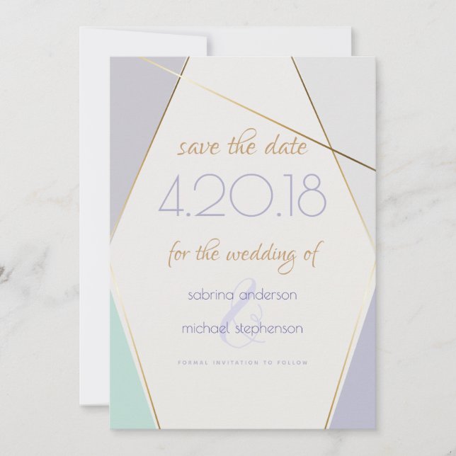 Contemporary Modern Geometric Stripes Mint Violet Save The Date (Front)