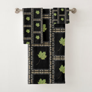 CONTEMPORARY MODERN GREEN LEAF ON BLACK BATH TOWEL SET
