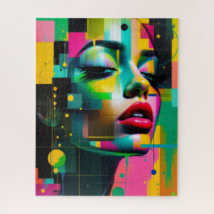 Contemporary Modern Portrait Women Green Pink  Jigsaw Puzzle