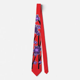 Contemporary Modern Purple Blossoms Red Tie