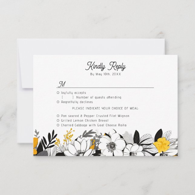 contemporary monochrome flowers meal choices RSVP card (Front)