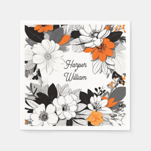 Contemporary monochrome orange flowers wedding napkin