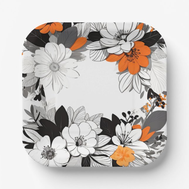 Contemporary monochrome orange flowers wedding paper plate (Front)