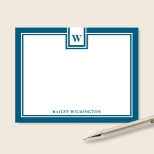 Contemporary Monogram Deep Blue Border Stationery Card