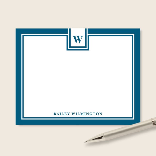 Contemporary Monogram Deep Blue Border Stationery Card (Creator Uploaded)