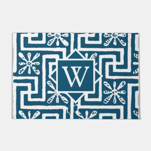 Contemporary Monogram greek key modern design blue Doormat